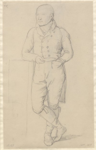 Bacak bacak üstüne atmış, kanepeye yaslanmış ayakta duran bir adamın portresi. by Christoffer Wilhelm Eckersberg