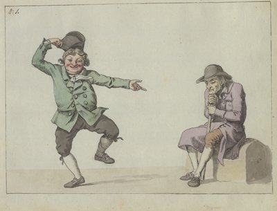hiciv dergisi; bir adam zıplıyor ve oturmuş yaşlı bir adamı işaret ederken gülüyor by Christoffer Wilhelm Eckersberg