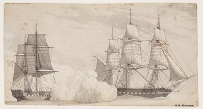 Savaşta iki savaş gemisi (İngiliz fırkateyni Shannon ve Amerikan fırkateyni Chesapeak?) by Christoffer Wilhelm Eckersberg