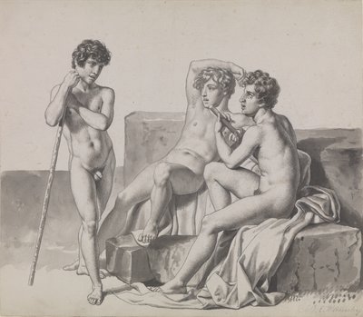 Kayalar arasında ayakta veya oturan üç genç çıplak erkek. by Christoffer Wilhelm Eckersberg
