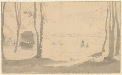 Bir göl manzarası, solda bir hamam, ortada atları sulayan biniciler, ön plan ağaçlık by Christoffer Wilhelm Eckersberg