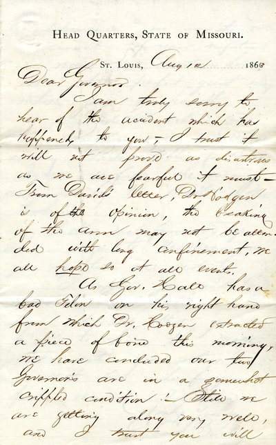 İmzalı C.C. Bailey, Genel Merkez, Missouri Eyaleti, St. Louis, Valiye [Hamilton R. Gamble], 12 Ağustos 1863 by C. C. Bailey