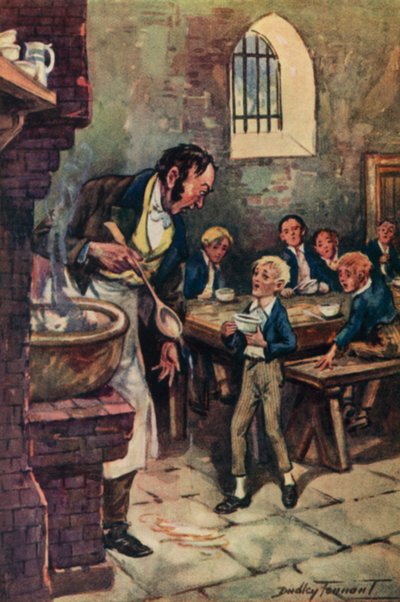 Charles Dickens'ın Oliver Twist çizimi (renkli lito) by C. Dudley (after) Tennant