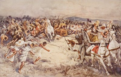 The Battle of Issus , HG Wells'in 'The Outline of History' adlı eserinden illüstrasyon, Cilt I, 1920'de yayınlandı (renkli lito) by C. Dudley (after) Tennant