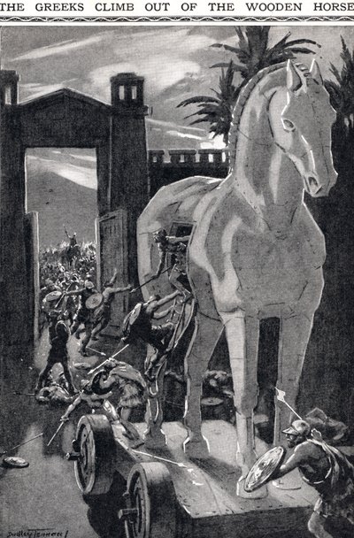 Yunanlılar Tahta Attan Tırmanıyor, 'Newnes' Resimli Bilgi Kitabı'ndan (lito) illüstrasyon by C. Dudley (after) Tennant