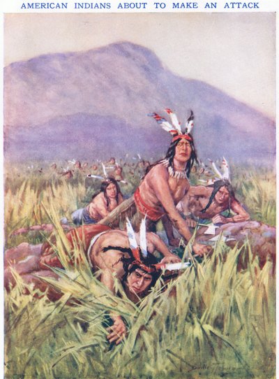 Amerikan Kızılderilileri saldırmak üzere (renkli lito) by C. Dudley Tennant