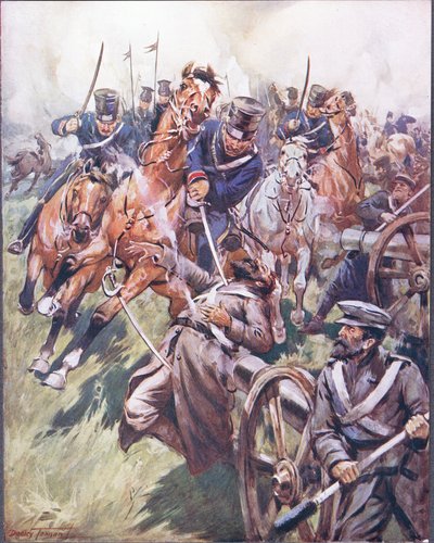 Kazak ve Rus kılıç darbesinden sarsıldı, 'Ünlü Dövüşlerin Baladları'ndan bir resim, 1900 dolayları (renkli lito) by C. Dudley Tennant