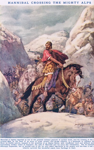 Hannibal Crossing the Mighty Alps, 'Newnes' Resimli Bilgi Kitabı'ndan illüstrasyon (renkli lito) by C. Dudley Tennant