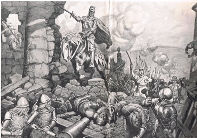 Henry V Harfleur Kuşatmasında, Cassell tarafından yayınlanan 'British Battles on Land and Sea'den illüstrasyon, Londra, c.1910 (litho) by C. Dudley Tennant