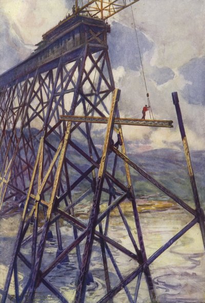 Kanada, Grand Trunk Pacific Demiryolunun Battle River Viyadüğü çeliğinin ayarlanması (renkli lito) by C. Dudley Tennant
