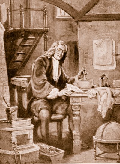 Sir Isaac Newton küçük odasında by C. Dudley Tennant