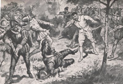 Amiral, ardından ekibiyle birlikte, Cassell, Londra tarafından yayınlanan 'British Battles on Land and Sea'den bir örnekle, Vera Cruz Muhafızlarına doğru koştu, yaklaşık 1910 (litho) by C. Dudley Tennant