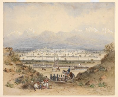 Dağlık bir ülkede surlarla çevrili bir kasabaya girmek üzere olan genel bir süvari ve piyade, belki de Kandahar (N.W.F.P.). 1843, daha önceki bir eskizden sonra. by C. Graham