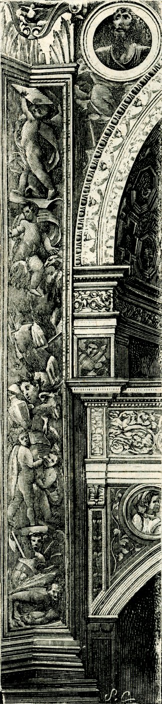 Callisto Piazza (yaklaşık 1500-1561 veya 1562), Tempio Civico della Beata Vergine Incoronata (Taçlı Kutsal Bakire Meryem Tapınağı), Lodi, Lombardiya, İtalya, gravür tarafından dekore edilmiş pilaster şeridi by Callisto Piazza