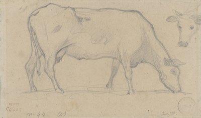 Otlayan inek, sağ üstte yine inek başı by Camille Corot