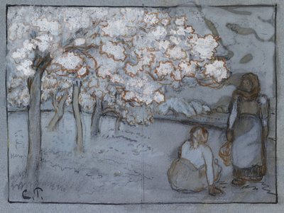 Bir meyve bahçesinde sohbet eden iki kadın köylünün kompozisyon çalışması, c. 1894 (mavi kağıt üzerinde gövde rengi ile yükseltilmiş kömür üzerine kırmızı-kahverengi ve Hint mürekkepleri) by Camille Jacob Pissarro