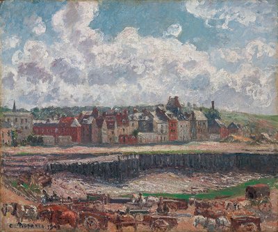 Dieppe Balıkçı Limanı Önünde Atlar ve Arabalar; Balıkçı iskelesinin önündeki atlar ve arabalar, Dieppe, gelgit, 1902 by Camille Jacob Pissarro