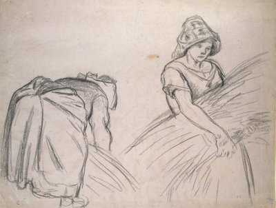 İki Kadın Biçerdöver Çalışması, 1882 (pembe kağıt üzerine siyah tebeşir ve beyaz) by Camille Jacob Pissarro