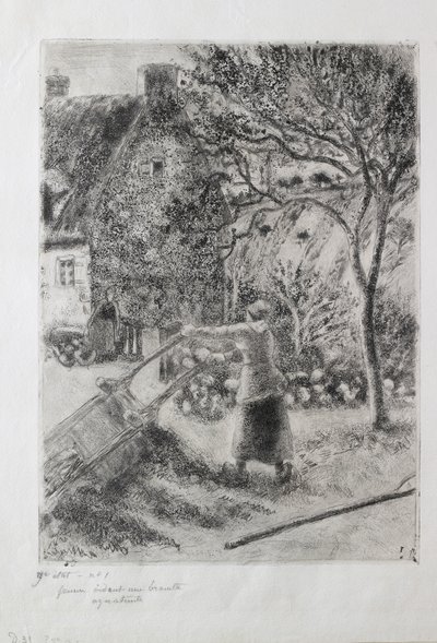 El arabasını boşaltan kadın, 1880 by Camille Pissarro