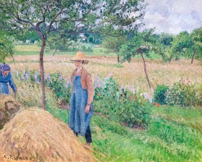 Samanlıkta duran bahçıvan, bulutlu gökyüzü, Eragny by Camille Pissarro