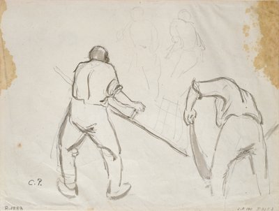 Bir erkek hasat makinesinin üç çalışması, c1870s by Camille Pissarro