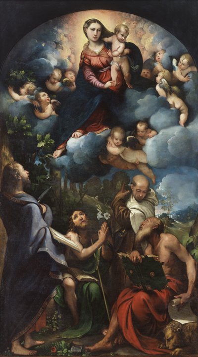 Madonna ve Çocuk, Aziz Bartholomew, Vaftizci Yahya, Aziz Albert ve Aziz Jerome ile Görkemli Bir Şekilde by Camillo Boccaccino