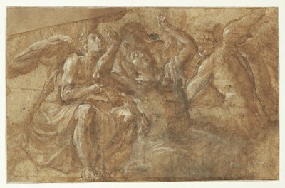 Üç melek tarafından çevrili uzanmış elleri ile perişan bir adam by Camillo Procaccini