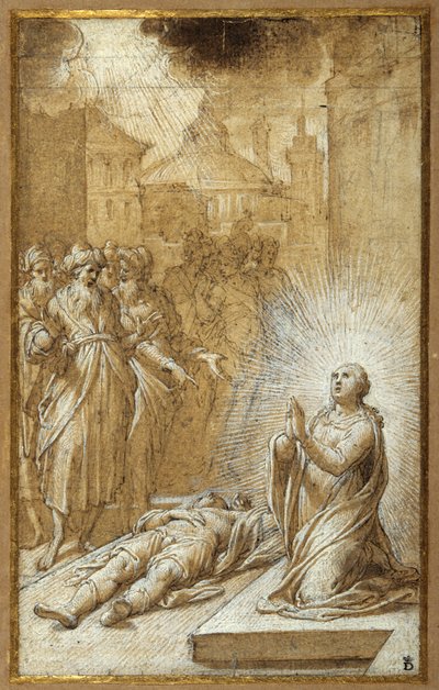 Ölü bir adamın vücudu tarafından dua eden kadın aziz (kahverengi yıkama ve kabartma ile ince kalem ve kahverengi mürekkep) by Camillo Procaccini