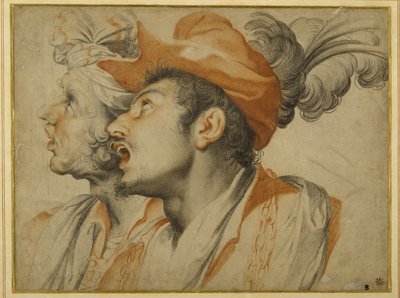 Modaya uygun giyinmiş iki adamın şarkı söylemesi (beyaz kağıt üzerinde siyah ve kırmızı tebeşirler) by Camillo Procaccini
