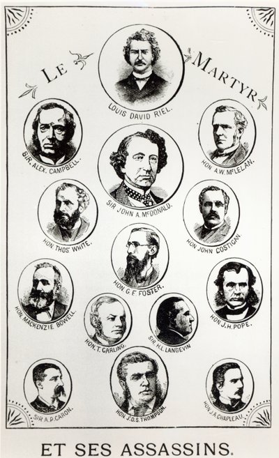 Louis Riel (1844-85) ve suikastçıları, Le Gibet de Regina'dan bir çizim, 1886'da yayınlandı by Canadian School