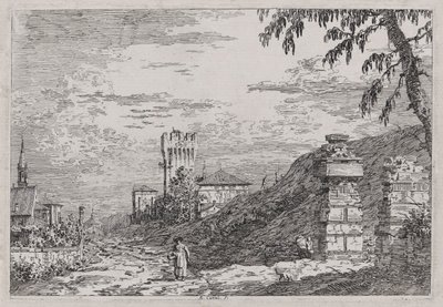 Kule ve İki Harap Sütunlu Manzara, Vedute (Görüntüler) serisinden by Canaletto (Giovanni Antonio Canal)