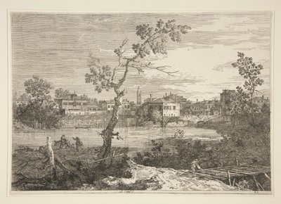 Vedute (Görüntüler) dizisinden Nehir Kıyısındaki Bir Kasabanın Görünümü by Canaletto (Giovanni Antonio Canal)
