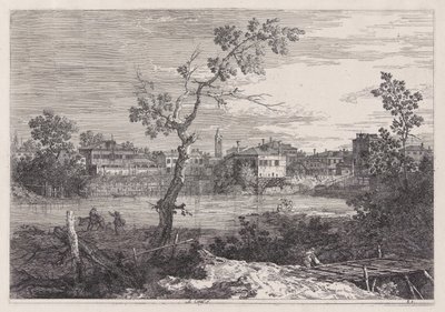 Vedute (Görüntüler) dizisinden Nehir Kıyısındaki Bir Kasabanın Görünümü by Canaletto (Giovanni Antonio Canal)