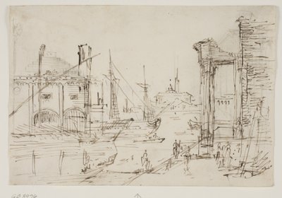 Bir rıhtımda klasik kalıntılar, bir kayıkhane, iki kadırga, arkalarında iki yelkenli gemi direği, arka planda kubbeli bir kilise ile Capriccio by Canaletto