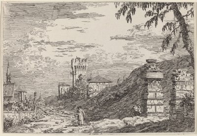 Kule ve İki Yıkılmış Sütunlu Manzara by Canaletto