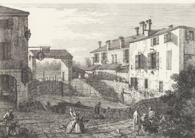The Locks at Dolo, ortasında tekneler, iki yanında binalar bulunan oval şekilli bir havuz,..., 1735-46. by Canaletto