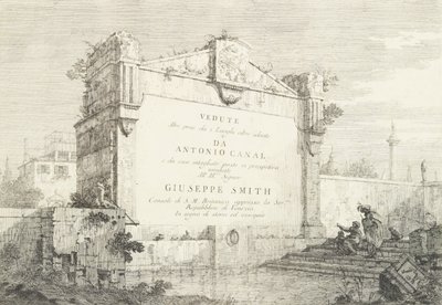 Klasik bir harabenin büyük bir duvarıyla, sağda oturan bir figürle başlık sayfası..., 1735-46. by Canaletto