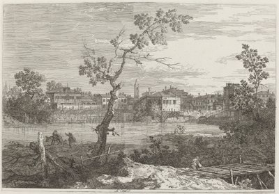 Nehir kıyısında bir kasabanın görünümü by Canaletto