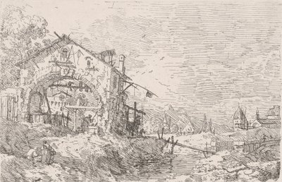 Solda pasajın altındaki kuyudan su çeken kadın, sağda manzara, 1..., 1717-68. by Canaletto