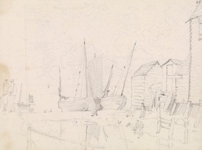 Hastings, Karaya Vurulmuş Yelkenliler ve Tepedeki Kulübelerin Taslağı by Capt. Thomas Hastings