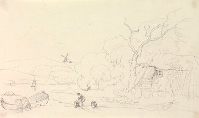 Uzakta Bir Yel Değirmeni Olan Nehir Kenarında Bir Kulübe Taslağı by Capt. Thomas Hastings