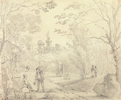 Uzaktaki East Cowes Kalesi ile Bir Park Sahnesinin Taslağı, Wight Adası by Capt. Thomas Hastings