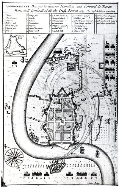 Londonderry, General Hamilton ve Conrad de Rosen tarafından kuşatıldı, J. Sturt tarafından oyulmuş, 1689 by Captain Archibald Maculloch