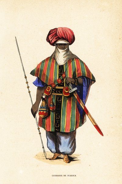 Agadez, Nijer'in asil Tuareg savaşçısı, tagelmust (türban ve peçe), taktkat (gömlek) ve akarbey (pantolon) içinde by Captain George Francis (after) Lyon