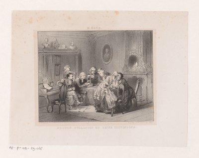 Joseph-Ignace Guillotin bir giyotinin minyatürüne bakıyor Doktor Guillotin ve buluşu (nesne üzerindeki başlık) by Carel Christiaan Antony Last