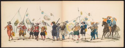 Leiden öğrencilerinin maskeli baloları, 1850 (plaka 3) 1629'da Hertogenbosch'ta Frederik Hendrik'le Intogt : 1850 yılının Leydsche Hoogeschool den XI Junij'inin HH öğrencileri tarafından kostümlü temsili (nesne üzerinde seri başlığı) by Carel Christiaan Antony Last