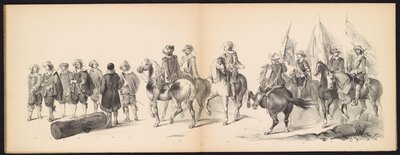 Leiden öğrencilerinin maskeli baloları, 1850 (plaka 9) Frederik Hendrik'in 1629'da Hertogenbosch'unda : 1850 yılının Leydsche Hoogeschool den XI Junij'inin HH öğrencileri tarafından kostümlü temsili (nesne üzerinde seri başlığı) by Carel Christiaan Antony Last