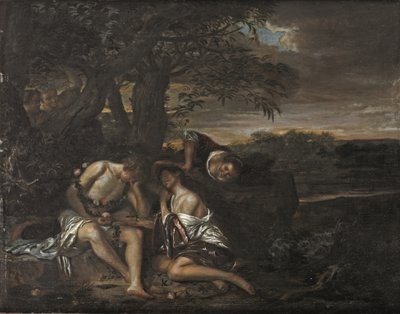 Bir Arcadian manzarasında üç kadın tarafından keşfedilen uyuyan bir çift (panel üzerine yağlıboya) by Carel De Moor II (attr. to)