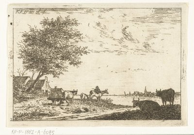 Çiftlikte çiftçi ve inekler ile nehir manzarası Manzaralar (dizi başlığı) by Carel Frederik Bendorp (I)