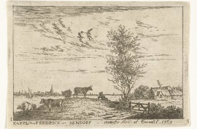 İnekler ile nehir manzarası ile başlık baskısı Manzaralar (dizi başlığı) by Carel Frederik Bendorp (I)